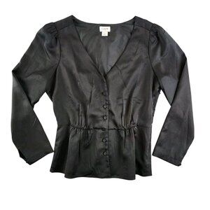 J Crew V Neck Satin Back Crepe Button Front Long Sleeve Blouse Peplum Preppy‎ 2